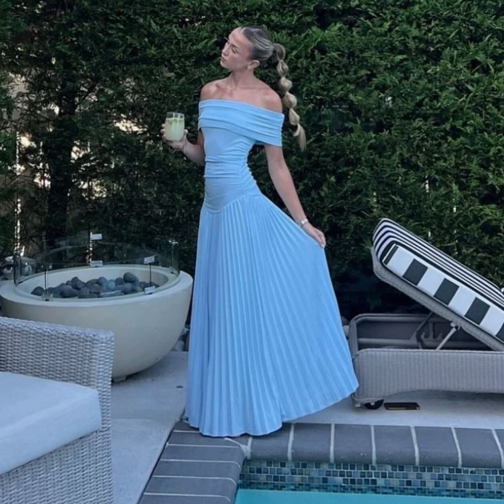 Lioness Off-Shoulder Pleated Maxi Dress in Light Blue